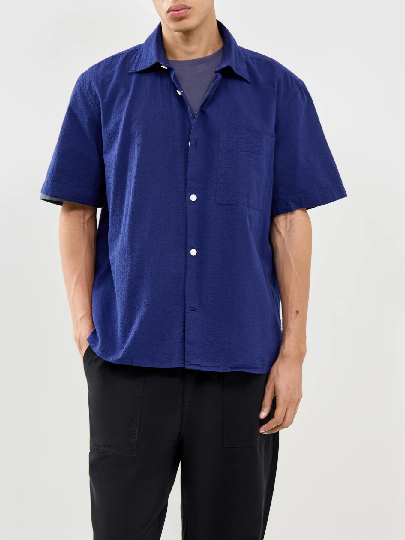 Slhrlxstuart Seersucker Short Sleeve Shirt Navy - Image 4
