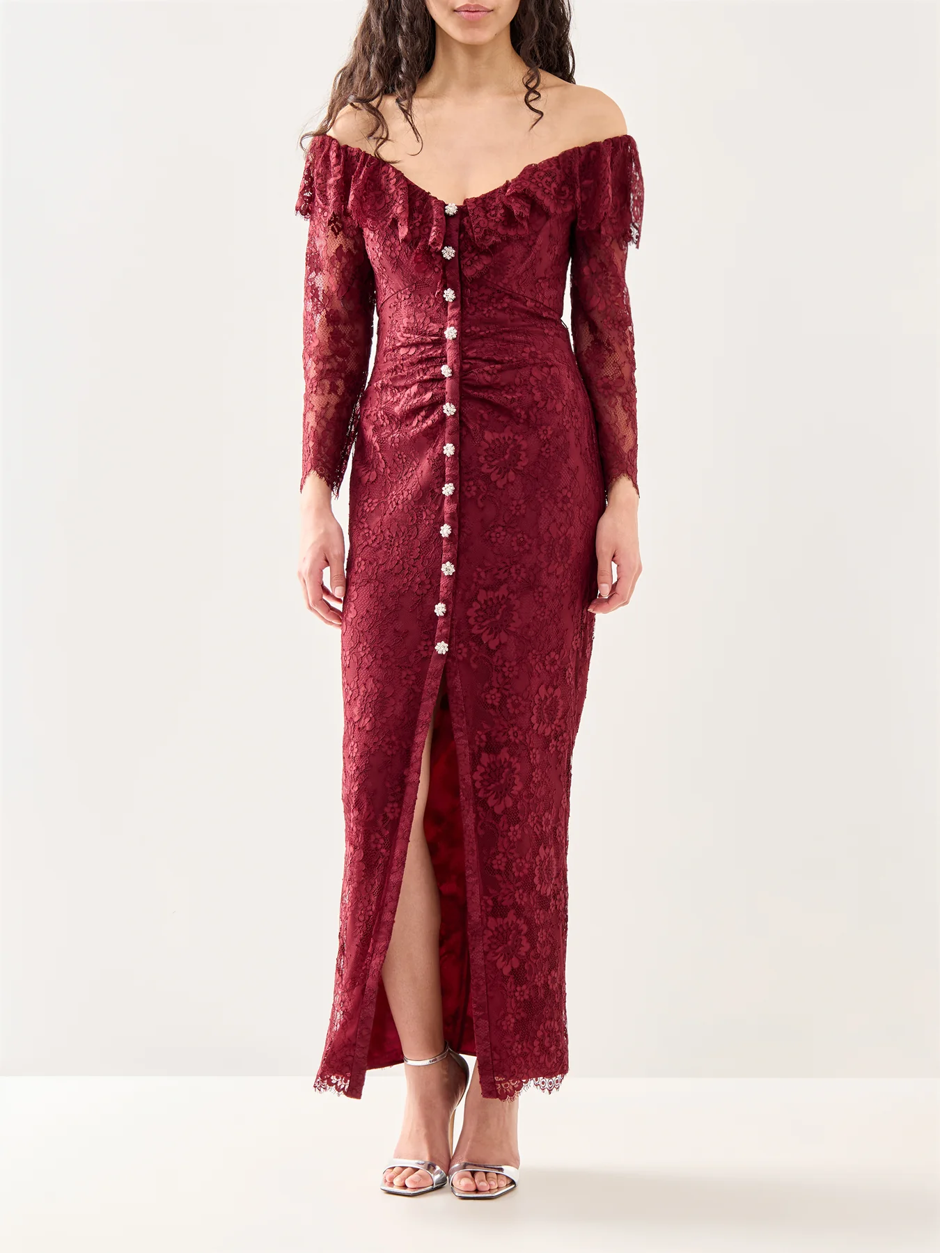 Burgundy Off Shoulder Gathered Lace Maxi Dress - Image 4