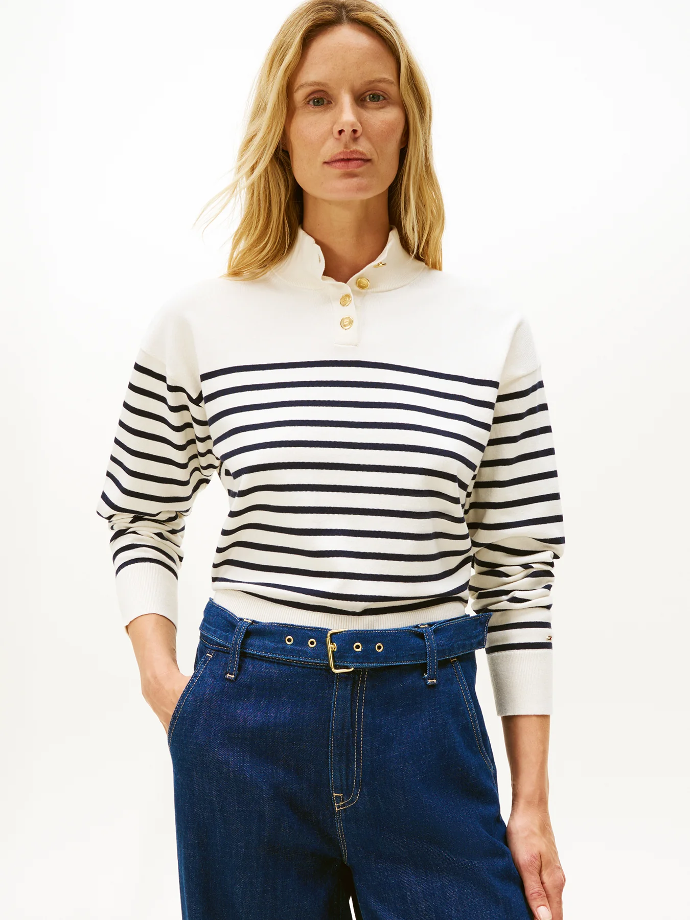 Stripe Gold-Tone Button Mock Neck Jumper - Image 2