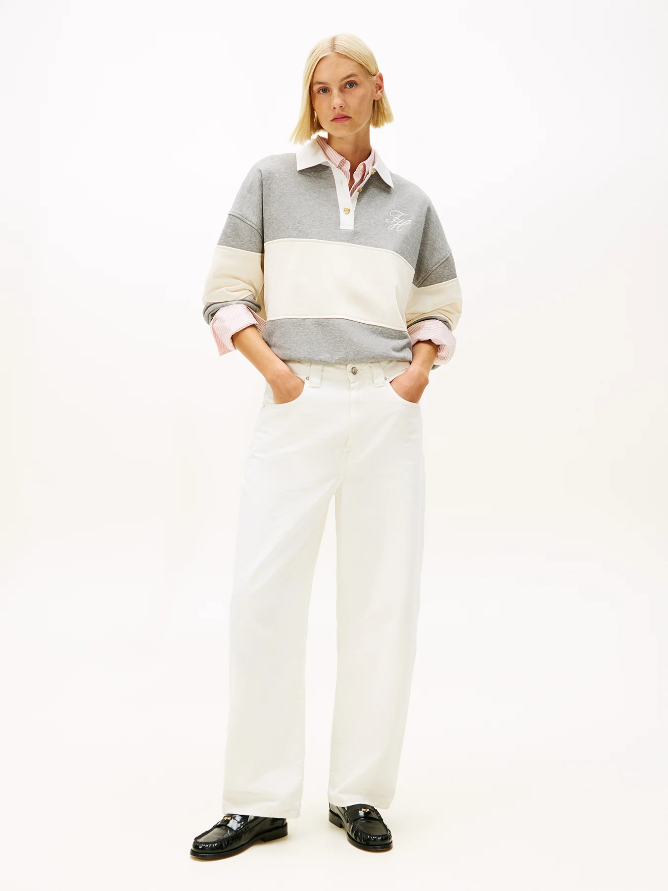 Gold-Tone Button Relaxed Rugby Sweatshirt Grey - Image 4