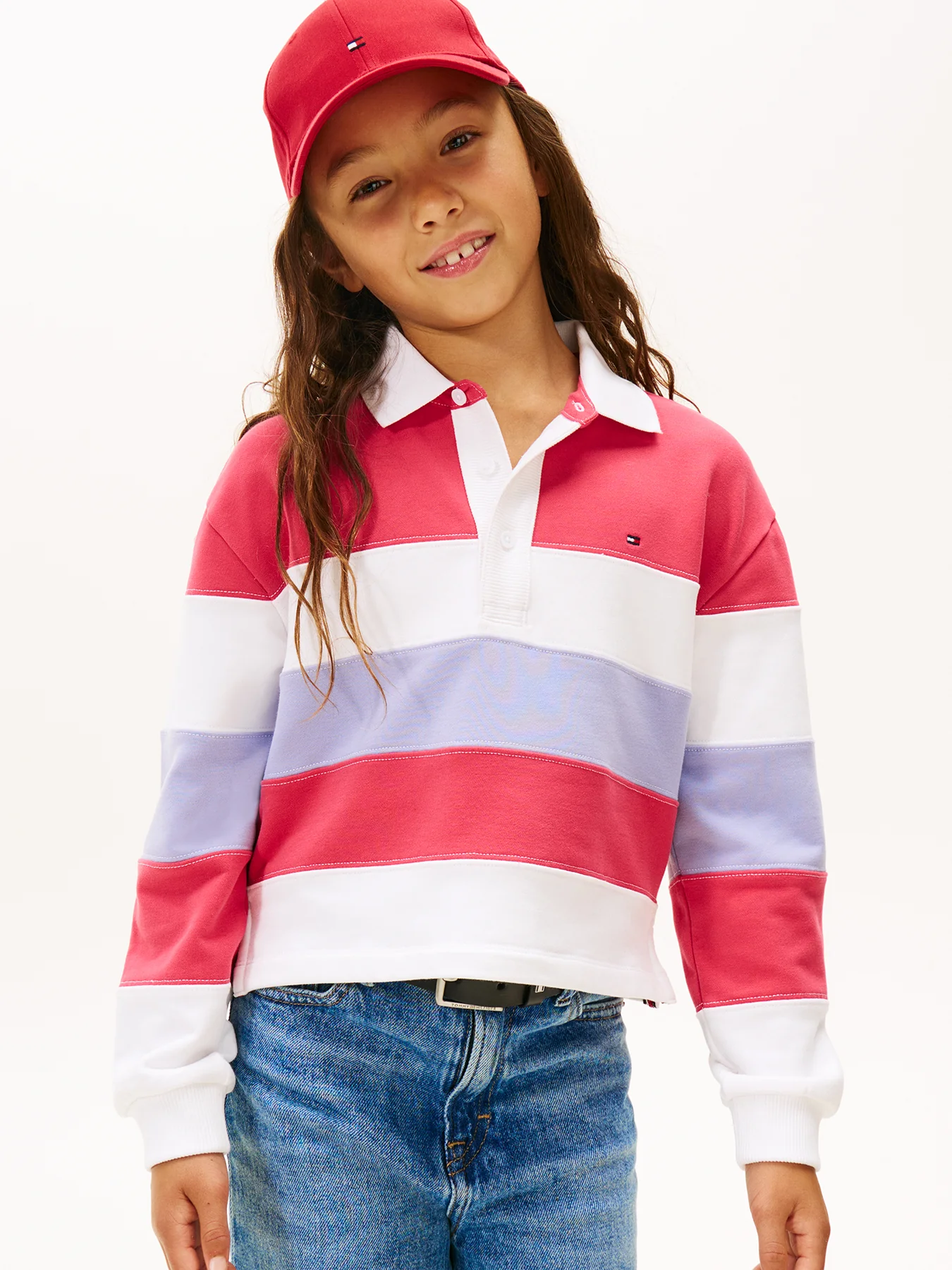 Kids’ Essential Colour-Blocked Long Sleeve Polo Shirt Pink - Image 2