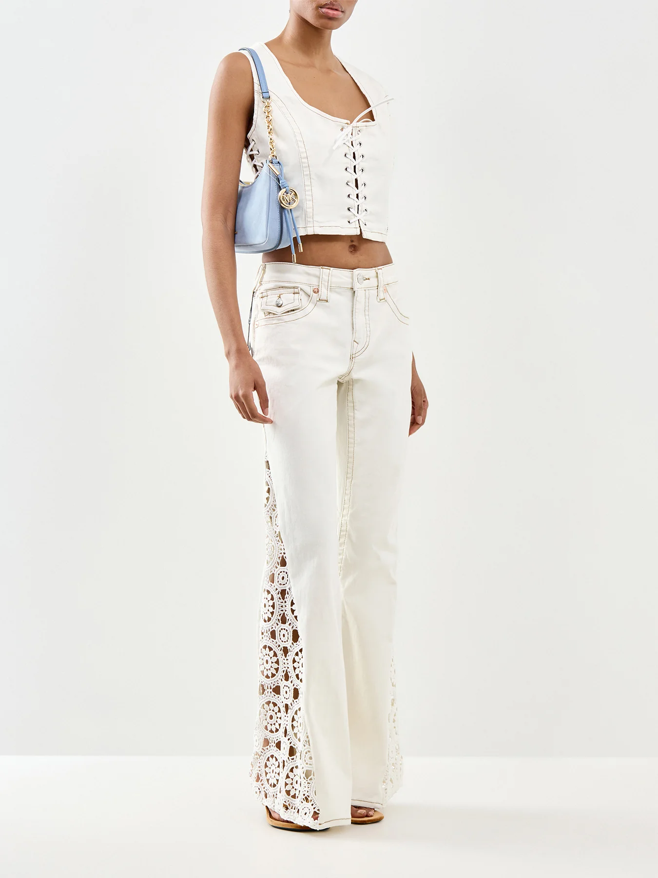 Crochet Mid Rise Flare Flap Jeans White - Image 2