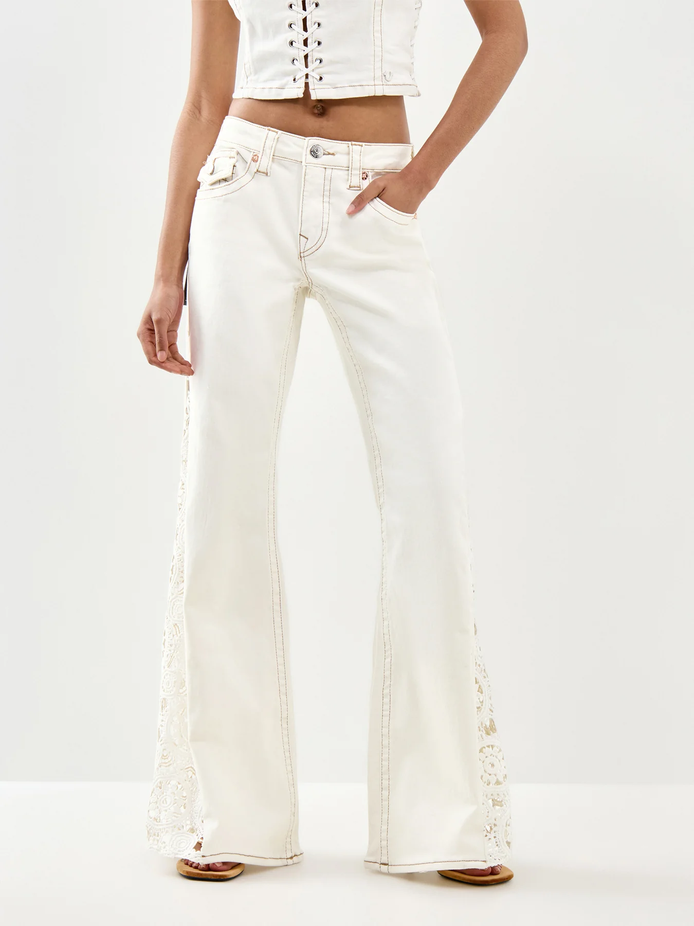 Crochet Mid Rise Flare Flap Jeans White - Image 4