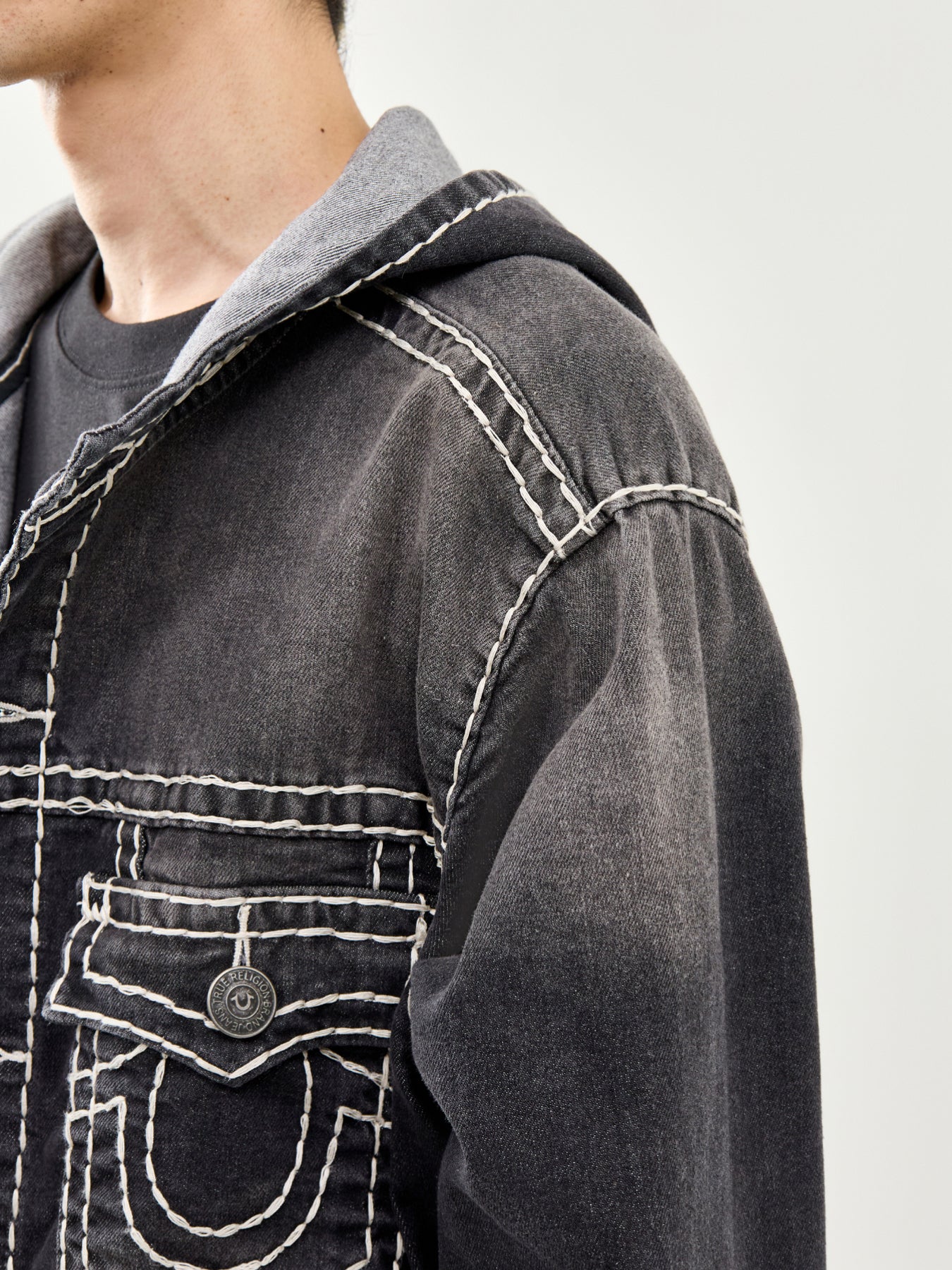True Religion Super T Hooded Denim Jacket in Black - Image 3