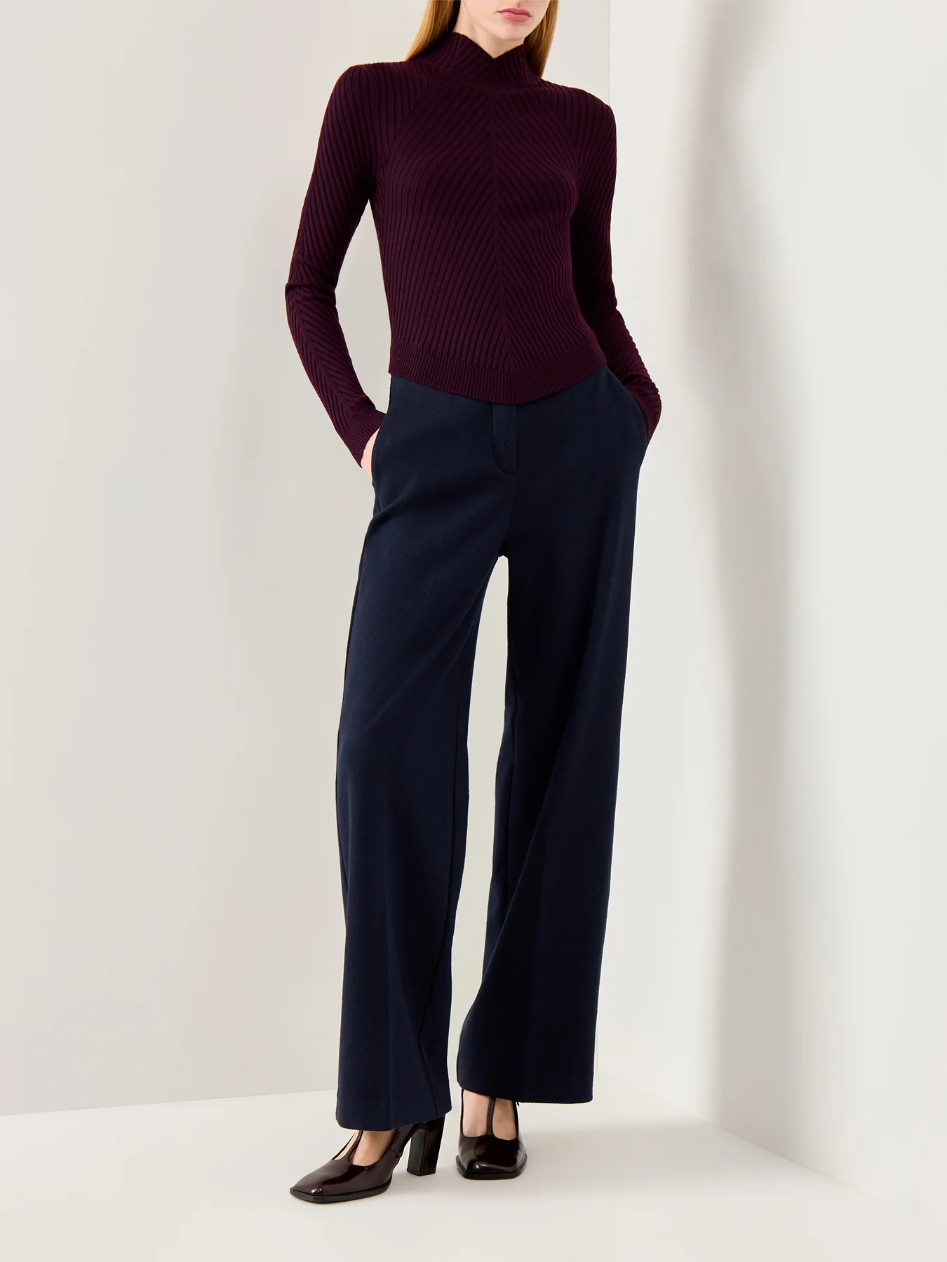 Ribbed Long Sleeve Polo Merlot - Image 2