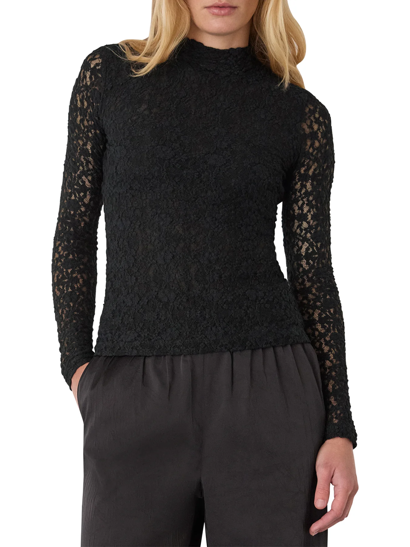 Lace Detail High Neck Top Black - Image 2