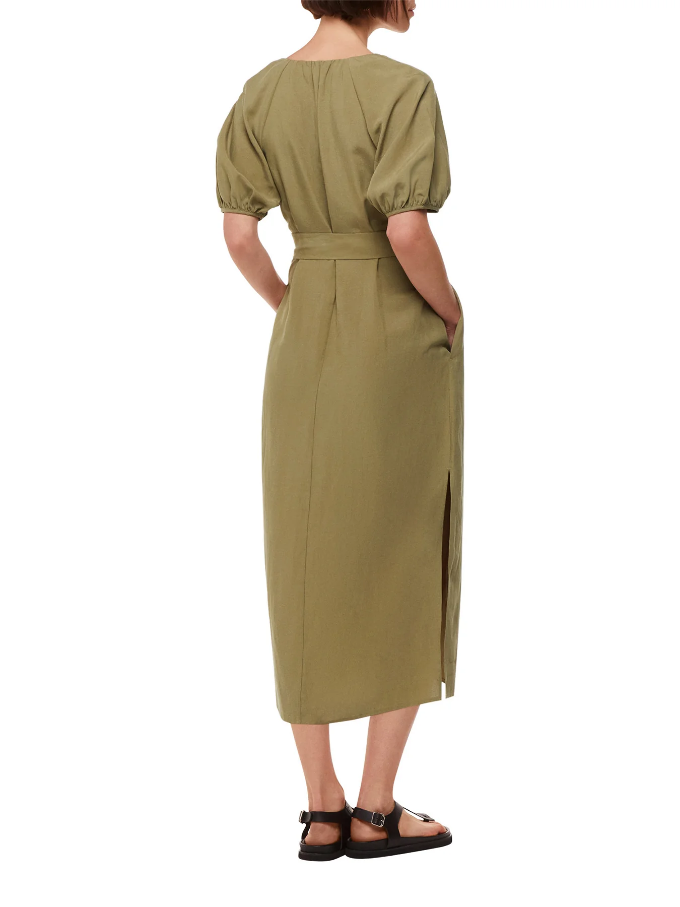 Khaki Ariella Linen Blend Midi Dress Khaki - Image 3