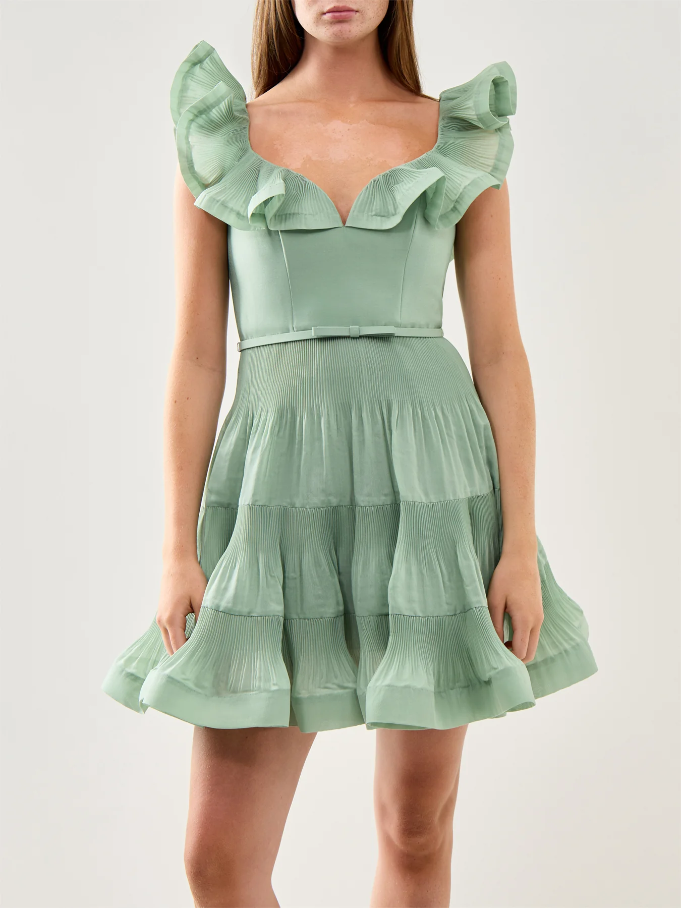 Pleated Frill Mini Dress Eucalyptus - Image 4