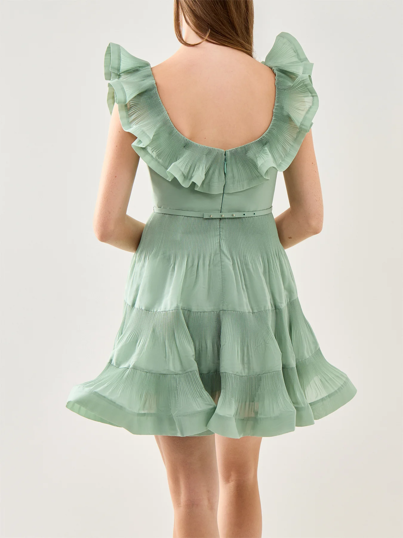 Pleated Frill Mini Dress Eucalyptus - Image 5