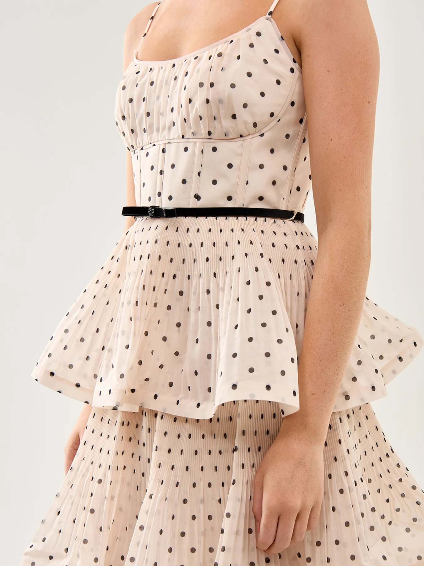 Pleated Tiered Midi Dress Cream Black Polka Dot - Image 3