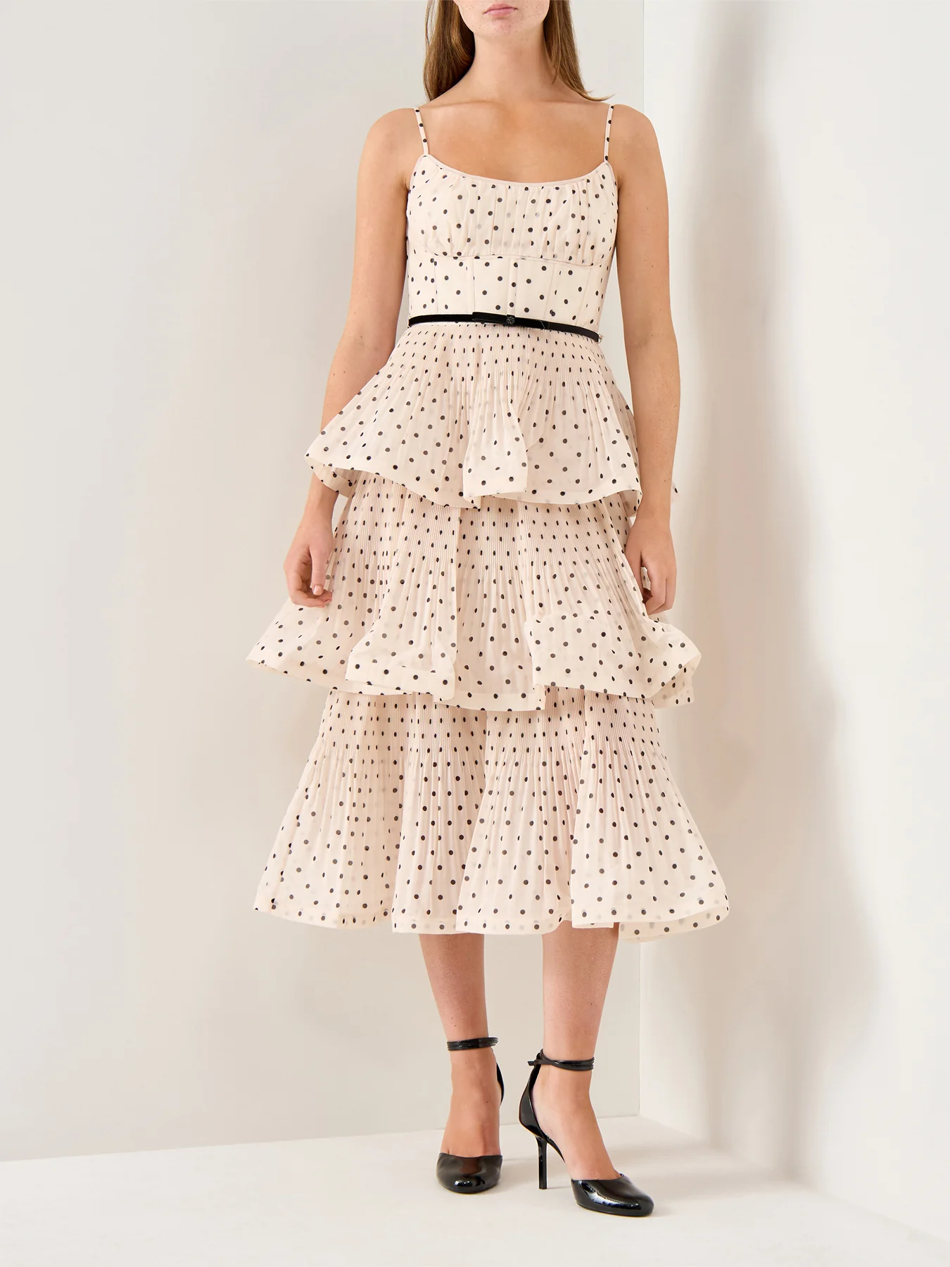 Pleated Tiered Midi Dress Cream Black Polka Dot - Image 4